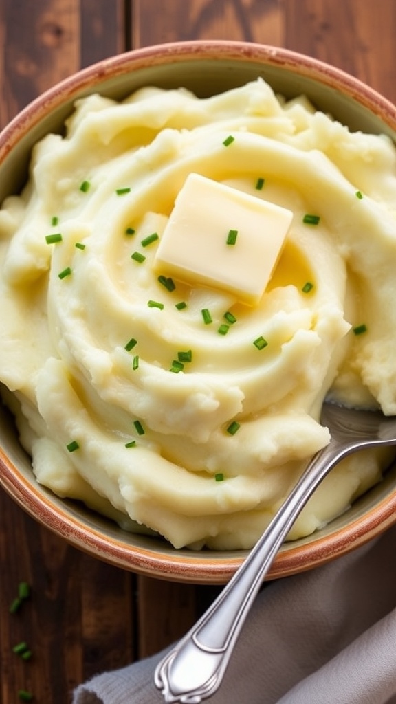 A bowl of creamy mashed potatoes garnished with chives and a pat of butter on a wooden table.